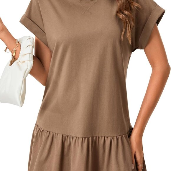 Women's Cotton Patchwork Mini Dress Short Sleeve Crewneck Casual - Picture 2 of 6